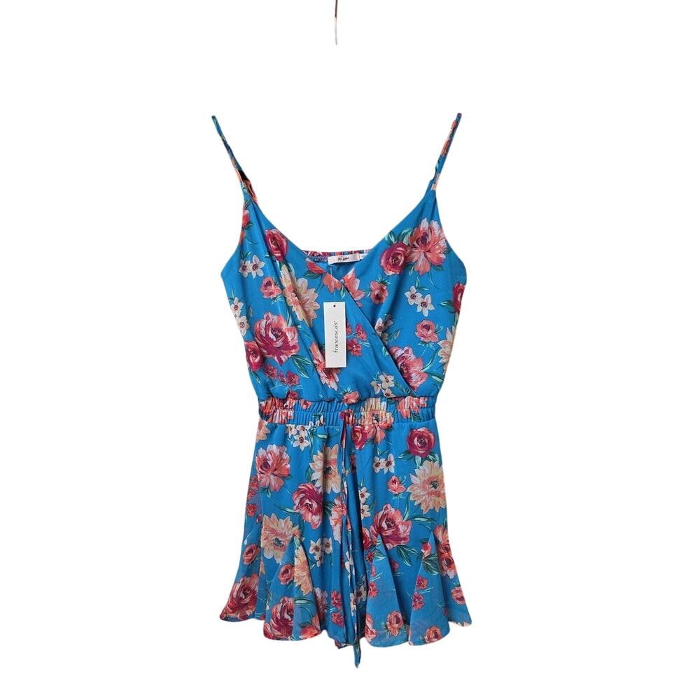 Francescas Mi Ami Faux Wrap Blue Floral Shorts Romper Womens Size XS NWT